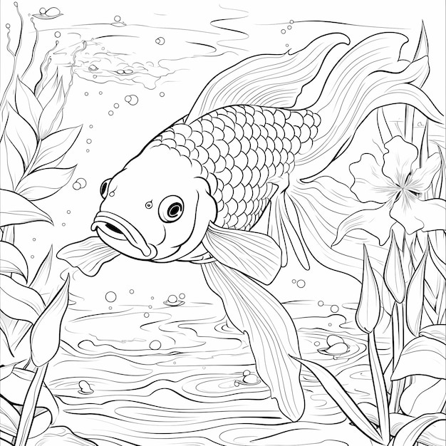 Koi Serenity Relaxant livre à colorier pour adultes avec un étang de poissons de dessins animés