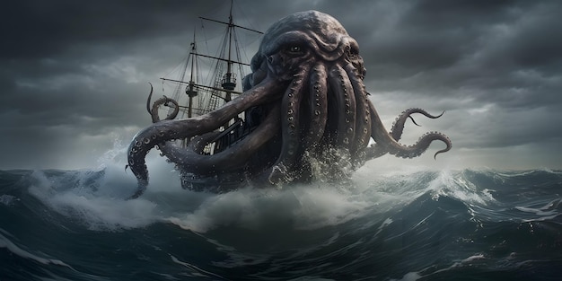 Kraken ou Cthulhu attaquent un navire dans l'océan