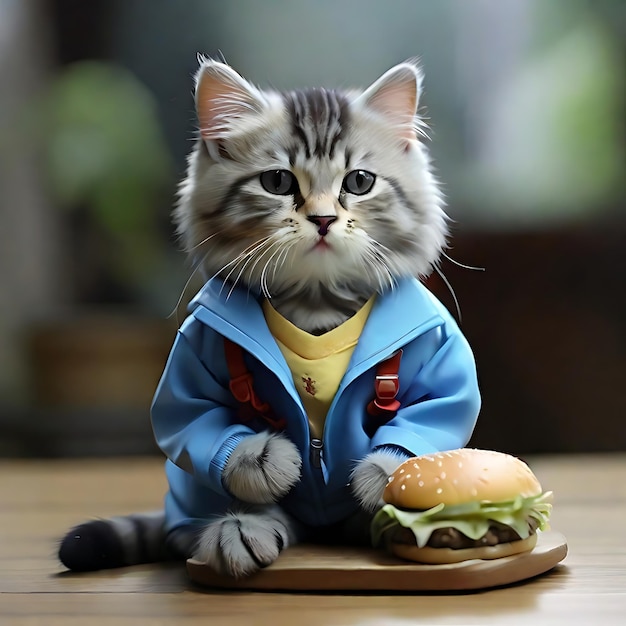 Kucing versi Beby cat makan burger couleur bleu ai