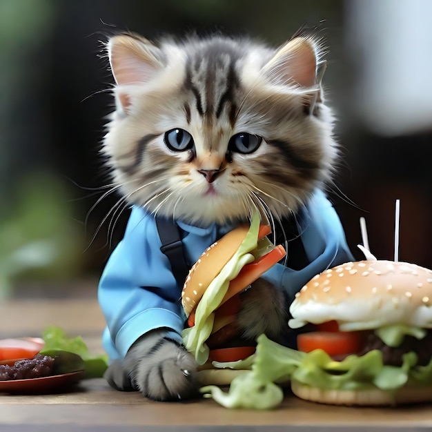 Kucing versi Beby cat makan burger couleur bleu ai