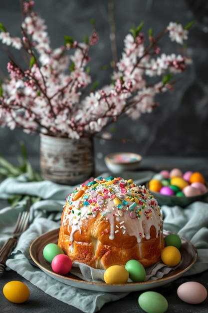 Le kulich de Pâques décoré d'œufs de Pâque