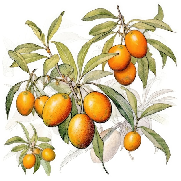Kumquats dans un style aquarelle avec contour d'encre sur fond blanc IA générative