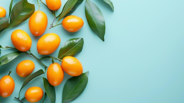 Photo kumquats frais avec des feuilles vertes sur un fond bleu l'image est prise d'en haut