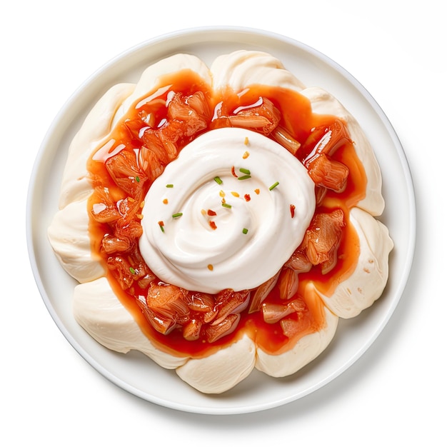 kutab caucasien servi avec de la sauce tomate et du fromage à la crème en haut vue en haut sur fond blanc
