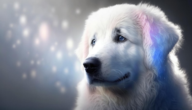 Kuvasz Chien Plan Moyen Blanc Rose Bleu Magique Fantaisie Bokeh Generative AI