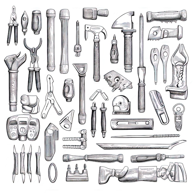 Photo labor worker tools art black and white knolling style