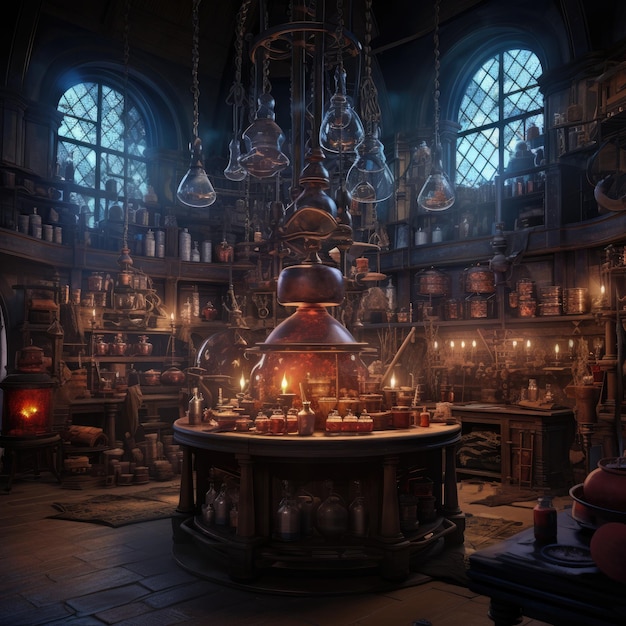 Laboratoire d'alchimiste médiéval rempli de potions bouillonnantes et d'artefacts mystiques