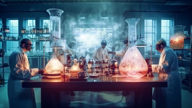 Un laboratoire avec beaucoup de flacons et un homme portant une blouse de laboratoire et une blouse de laboratoire avec une lumière bleue derrière eux.