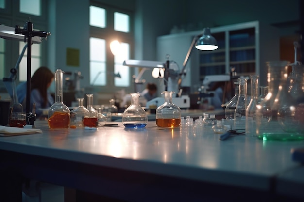 Laboratoire de chimie de lycée éclairé avec des étudiants réalisant des expériences