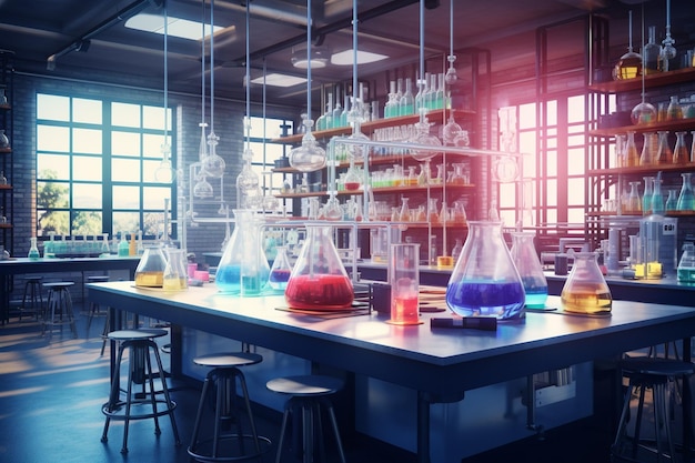 Photo un laboratoire de chimie scolaire avec des solutions colorées dans 00114 02