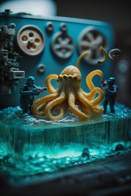 Photo laboratoire de comédie de science-fiction qui imprime en 3d des poulpes dans des flaques de résine