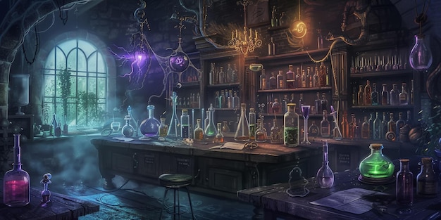Photo un laboratoire étrange où un alchimiste hanté expérimente des concoctions surnaturelles.