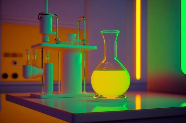 Un laboratoire avec une fiole et une fiole en verre avec du liquide à l'intérieur.