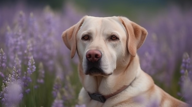 Un laboratoire jaune se trouve dans un champ de fleurs violettes.