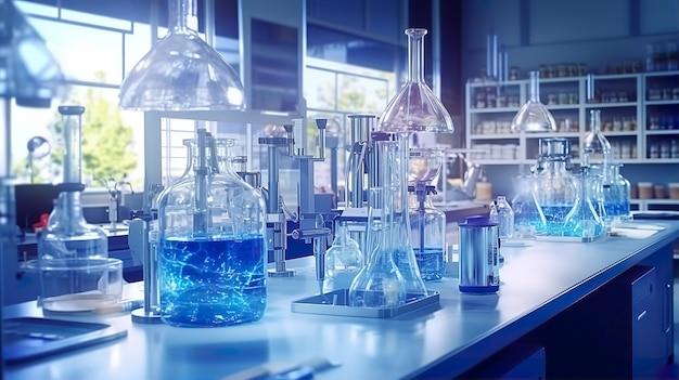 Un laboratoire avec un liquide bleu dedans