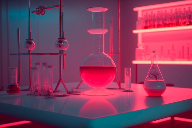 Un laboratoire avec une lumière rouge allumée et un bécher contenant un liquide à l'intérieur.