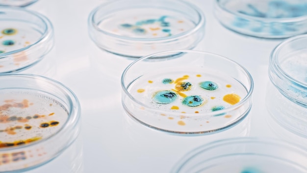 Laboratoire de microbiologie Plaques de Pétri avec divers échantillons de bactéries Gouttes de pipette Solution liquide Concept de recherche pharmaceutique sur les antibiotiques Guérison des maladies Combattre les épidémies Vue d'en-dehors macro