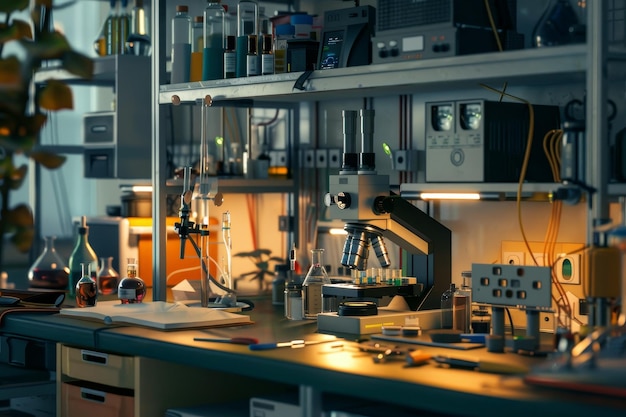 Un laboratoire avec un microscope sur une table