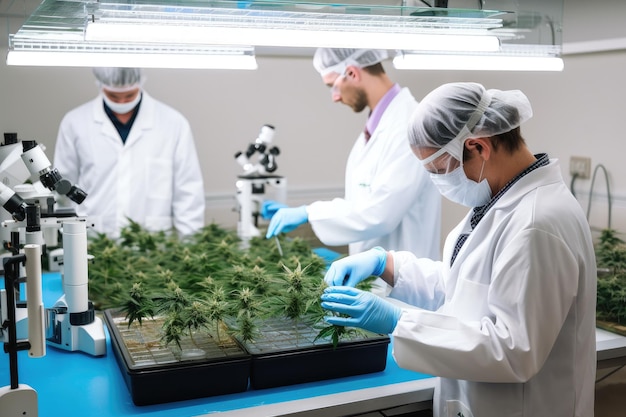 Laboratoire de recherche sur la marijuana médicale avec des scientifiques menant des expériences et enregistrant des données créées avec