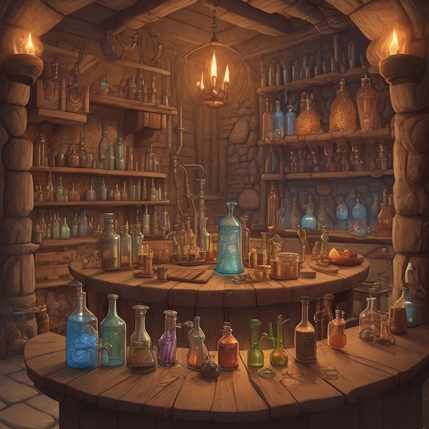 laboratoire d'un sorcier avec des bouteilles de potion et des ingrédients magiques