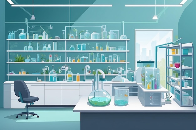 le laboratoire avec une zone dédiée à l'étude du microbiome et de l'écologie microbienne illustration vectorielle en style plat