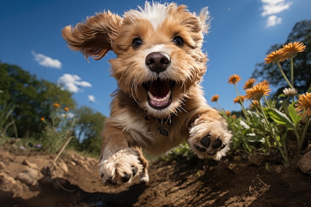 un labradoodle doré sautant pour saisir un frisbee ai généré