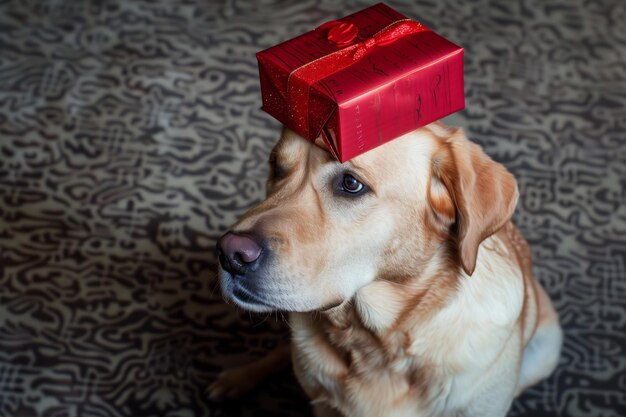 Photo un labrador assis avec une boîte à cadeaux équilibrée sur le nez