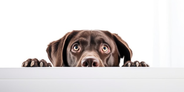 Un labrador au chocolat curieux regardant par-dessus une corniche blanche.