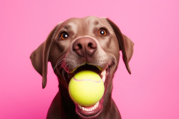 Labrador de couleur chocolat avec une balle de tennis dans les dents sur un fond rose