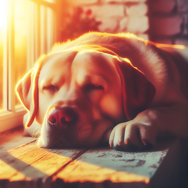 Le labrador dort sur le sol.