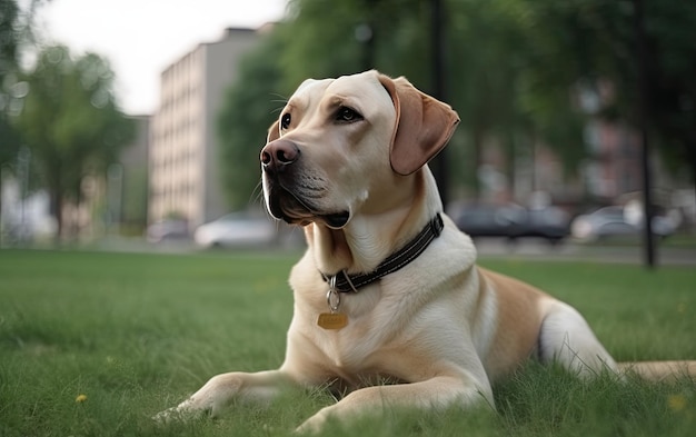 Le Labrador est assis sur l'herbe dans le parc.