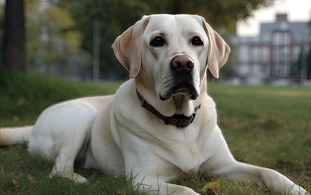 Photo le labrador est assis sur l'herbe dans le parc.