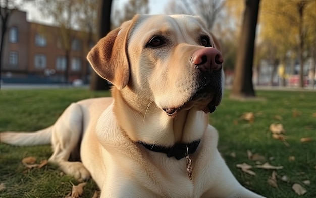 Le Labrador est assis sur l'herbe dans le parc.