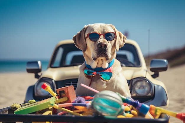 Labrador avec des lunettes de soleil entourées d'articles de plage concept de vacances mignon et amusant