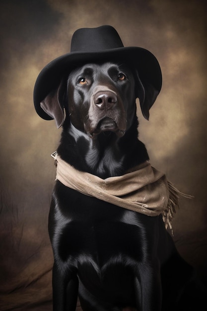 Labrador noir en chapeau et écharpe de cow-boy Generative AI