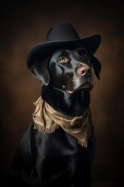 Labrador noir en chapeau et écharpe de cow-boy Generative AI