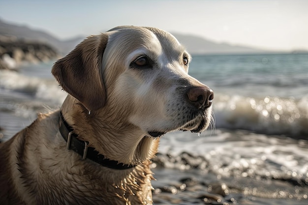 Labrador observe la mer et les vagues