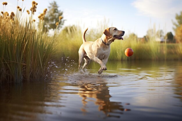 Un labrador récupère une balle de tennis près d'un étang