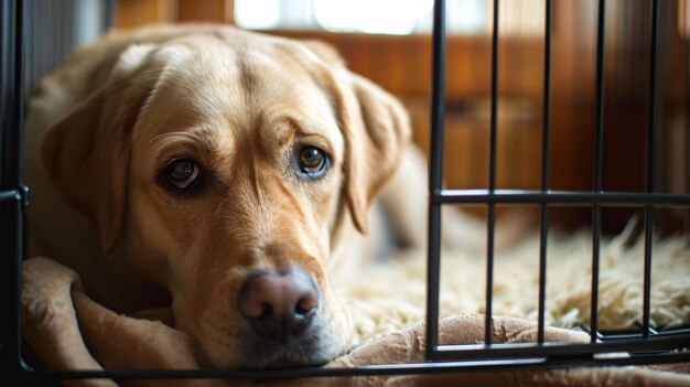 Photo le labrador rétrévère patiemment dans sa caisse à la maison