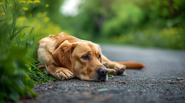 Photo un labrador retriever jaune est allongé sur la route à l'attente de son propriétaire.