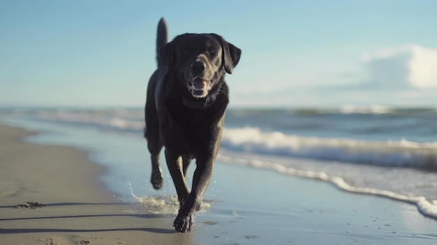 Un Labrador retriever noir profitant d'une course sur la plage ensoleillée