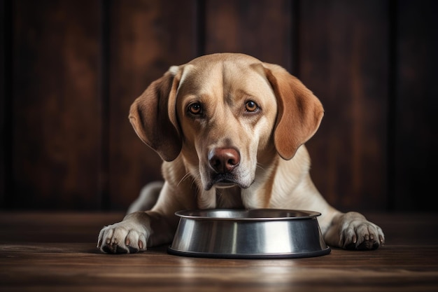 Labrador retriever tient un bol pour chien affamé dans la cuisine