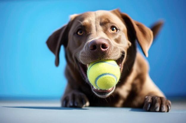 Labrador en studio heureux et obéissant avec une balle de tennis sur bleu