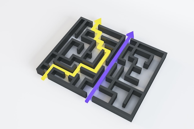 Photo labyrinthe abstrait avec des flèches sur fond blanc solution facile et concept de complication rendu 3d