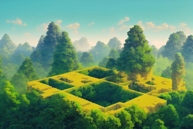 Un labyrinthe dans la forêt est composé d'arbres et le ciel est bleu