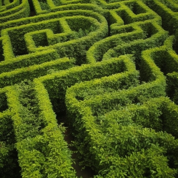 Un labyrinthe avec une haie verte et le mot labyrinthe en haut.