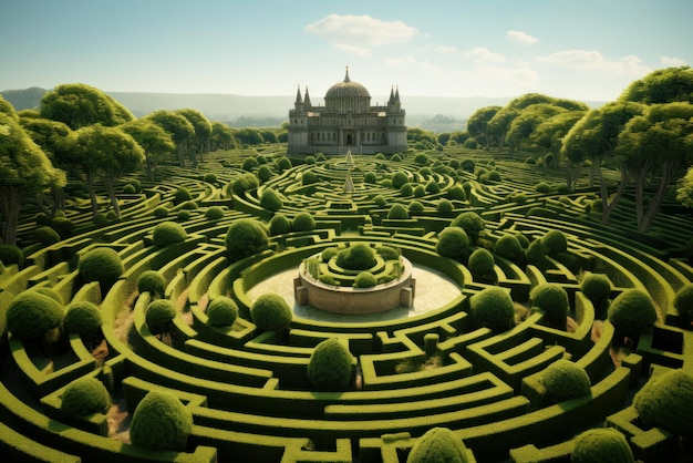 Labyrinthe de haies et château vue aérienne d'un labyrinthe vert de buissons taillés dans un jardin aménagé modèle géométrique abstrait de plantes Concept de la nature puzzle de forme fantastique