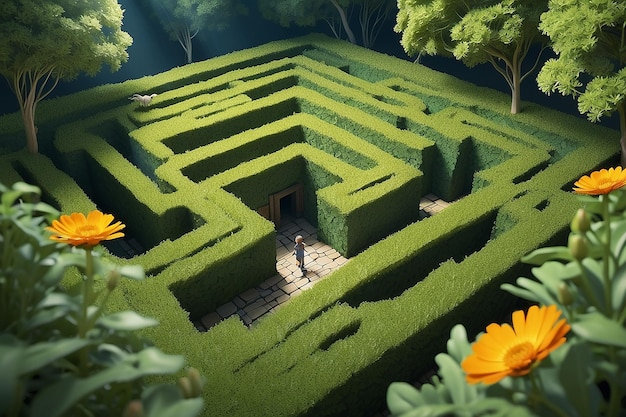 un labyrinthe avec un homme au milieu