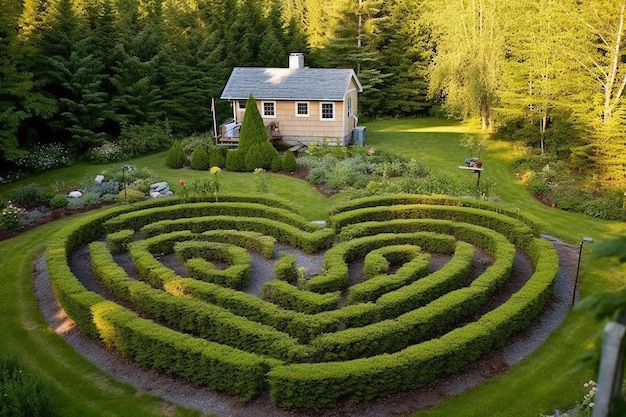 un labyrinthe de jardin en forme de cœur représentant les virages générés par l'IA