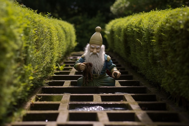 un labyrinthe de jardin mystique gardé par un leprechaun malicieux